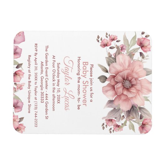 緑の赤ちゃんシャワー付きピンクローズ招待状 マグネット (横)