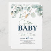 緑の赤ちゃんシャワー招待状、ユーカリ花 招待状 (正面/裏面)
