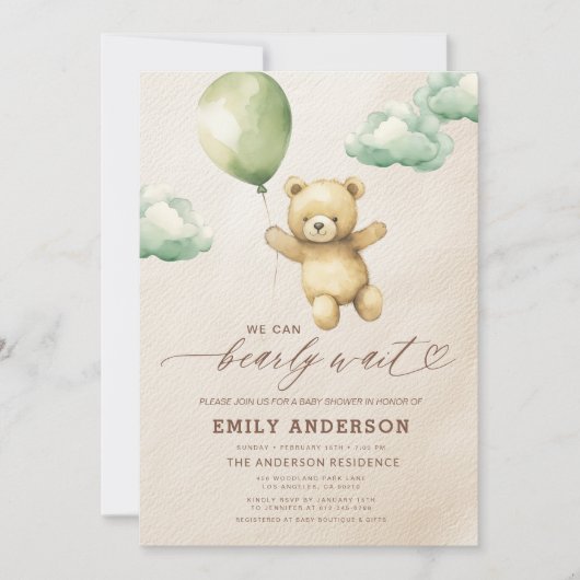 緑の赤ちゃん男女兼用のシャワーを心待ち 招待状 (正面)