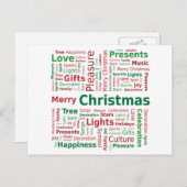 緑の赤で彩られたクリスマスのワードクラウド シーズンポストカード (正面/裏面)