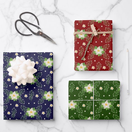 緑の赤と青の背景に白い点 ラッピングペーパーシート (正面)