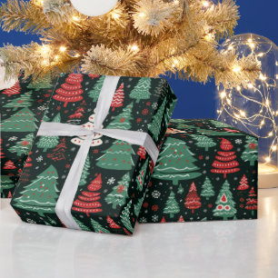 緑の赤の白いクリスマスツリーブラッククリスマス ラッピングペーパー