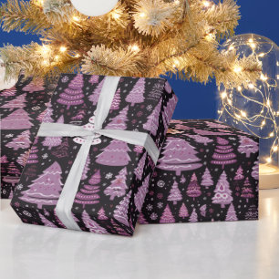緑の赤の白いクリスマスツリーブラッククリスマス ラッピングペーパー