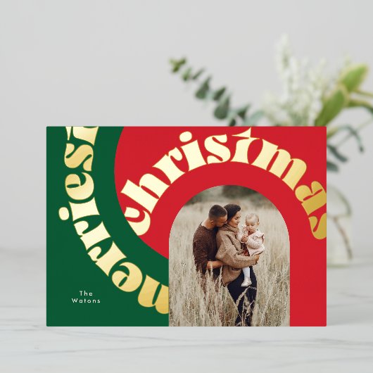 緑の赤はっきりしたいクリスマス金ゴールドオーバル1枚 箔シーズンカード (立ち正面)