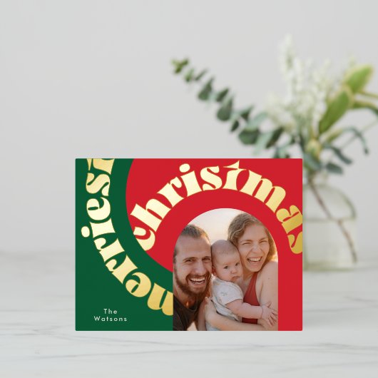 緑の赤はっきりしたいクリスマス金ゴールドオーバル1枚 箔シーズンポストカード (立ち正面)