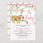 緑の赤面ピンクかわいいナマケモノ赤ちゃんシャワーインビタット 招待状 (正面/裏面)