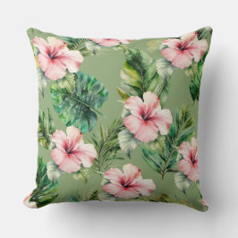 緑の赤面ピンクの熱帯葉ハイビスカスの花 クッション