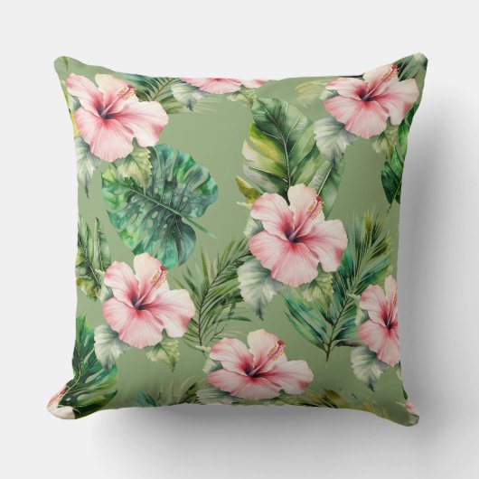 緑の赤面ピンクの熱帯葉ハイビスカスの花 クッション (正面)
