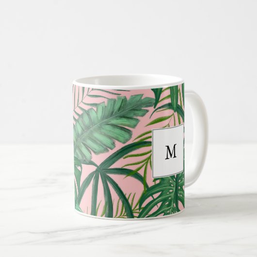 緑の赤面水色の熱帯葉モノグラム コーヒーマグカップ (正面右)