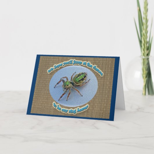 緑の跳躍のくもの結婚式で指輪を運んで来る人の要求カード 招待状 (正面)