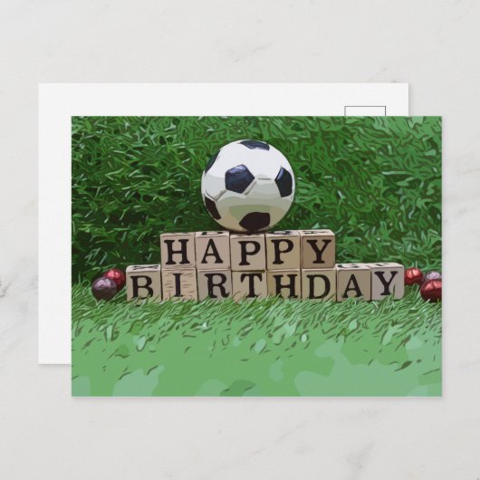 緑の車にハッピーバースデーの言葉を付けたサッカーボール ポストカード (正面/裏面)