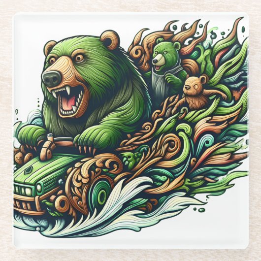 緑の車に乗るアニメベア ガラスコースター (正面)