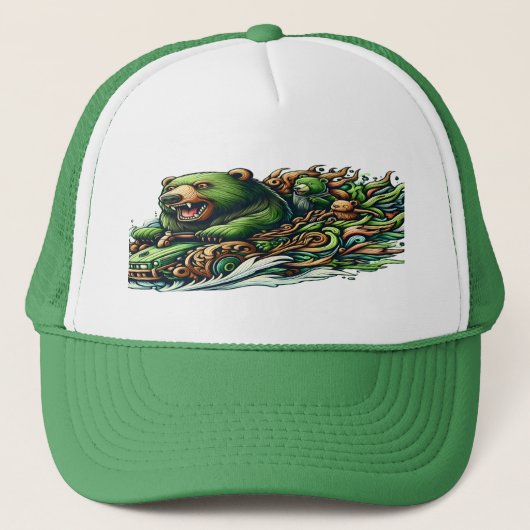 緑の車に乗るアニメベア キャップ (正面)