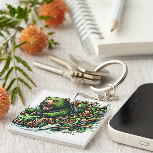 緑の車に乗るアニメベア キーホルダー (正面右)