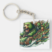 緑の車に乗るアニメベア キーホルダー (正面)