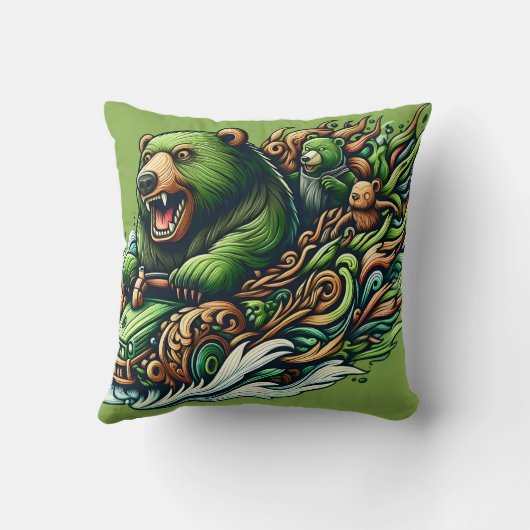 緑の車に乗るアニメベア クッション (裏面)