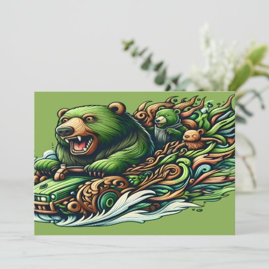 緑の車に乗るアニメベア サンキューカード (スタンド正面)