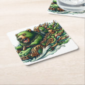 緑の車に乗るアニメベア スクエアペーパーコースター (アングル)