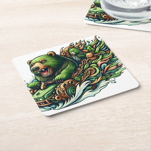 緑の車に乗るアニメベア スクエアペーパーコースター (アングル)