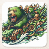 緑の車に乗るアニメベア スクエアペーパーコースター (正面)