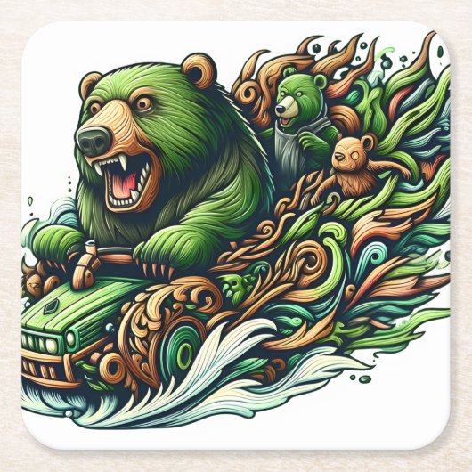 緑の車に乗るアニメベア スクエアペーパーコースター (正面)