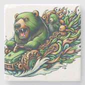 緑の車に乗るアニメベア ストーンコースター (正面)