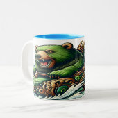 緑の車に乗るアニメベア ツートーンマグカップ (正面左)