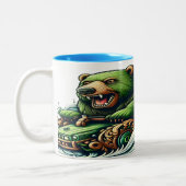 緑の車に乗るアニメベア ツートーンマグカップ (左)