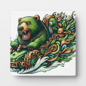 緑の車に乗るアニメベア フォトプラーク (正面)