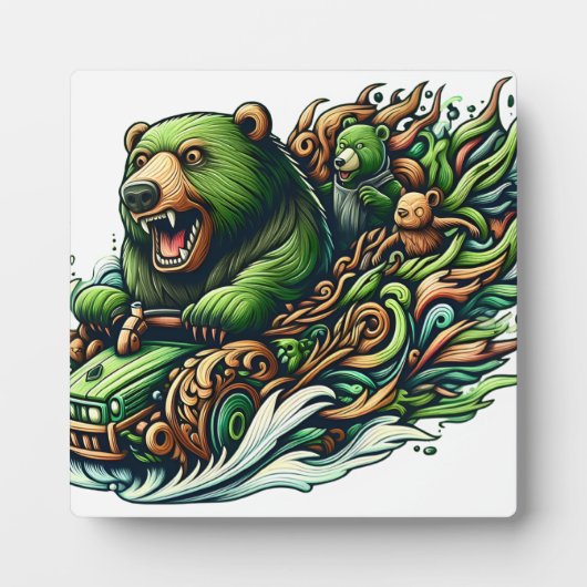 緑の車に乗るアニメベア フォトプラーク (正面)