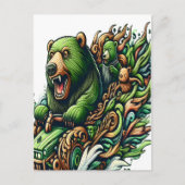 緑の車に乗るアニメベア ポストカード (正面)