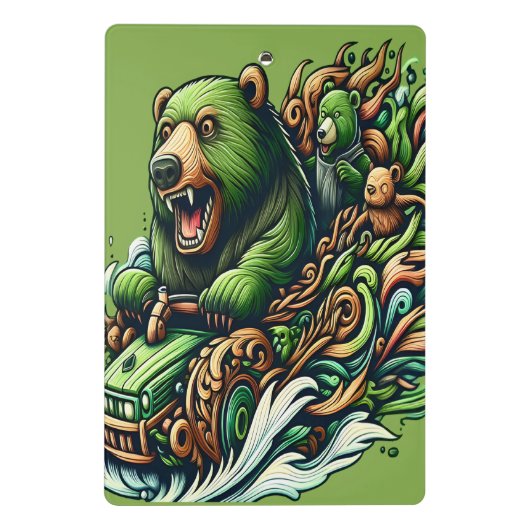 緑の車に乗るアニメベア ミニクリップボード (裏面)