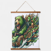 緑の車に乗るアニメベア 吊り下げ型タペストリー (正面)