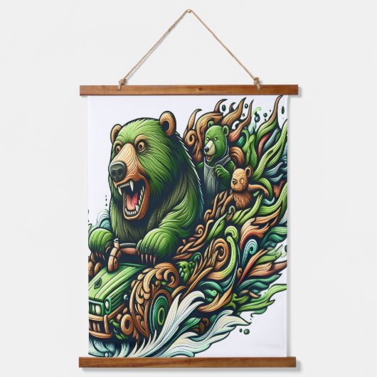 緑の車に乗るアニメベア 吊り下げ型タペストリー (正面)