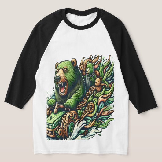 緑の車に乗るアニメベア Tシャツ (レイダウン)