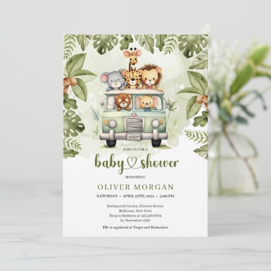 緑の車の緑の熱帯性のサファリの動物 招待状 (スタンド正面)