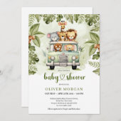 緑の車の緑の熱帯性のサファリの動物 招待状 (正面/裏面)