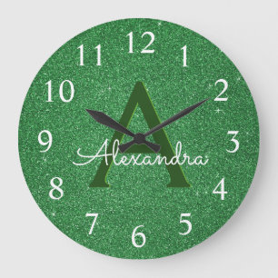 緑の輝きのグリッターのモノグラムの名前及びイニシャル ラージ壁時計