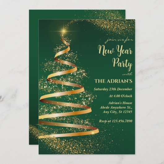 緑の輝くクリスマスツリーの新年のパーティー 招待状 (正面/裏面)