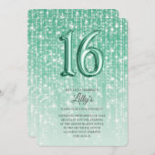 緑の輝くライトフォイルバルーン16誕生日 招待状 (正面/裏面)