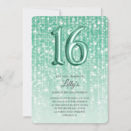 緑の輝くライトフォイルバルーン16誕生日 招待状