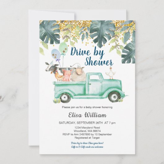 緑の農場動物の少年のベビーシャワーの招待 招待状 (正面)