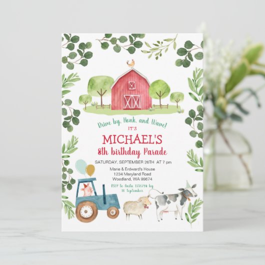 緑の農業動物の誕生日 招待状 (スタンド正面)