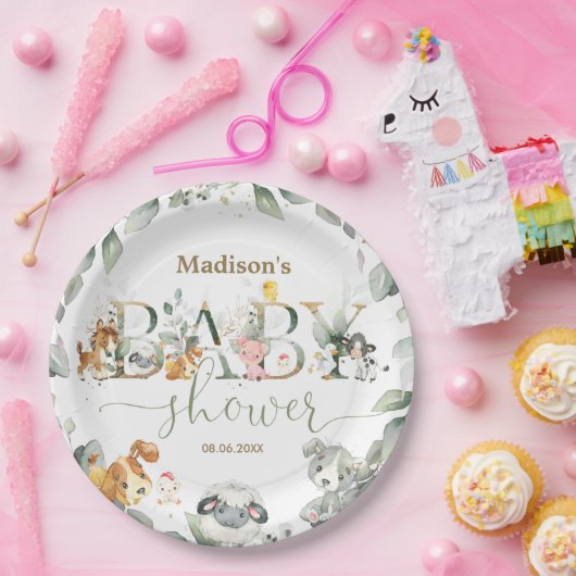 緑の農業動物の赤男女兼用ちゃんシャワー ペーパープレート (パーティー)