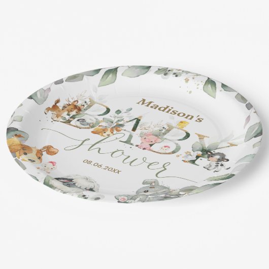 緑の農業動物の赤男女兼用ちゃんシャワー ペーパープレート (アングル)