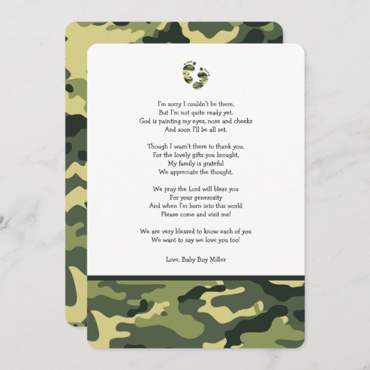 緑の迷彩柄のベビーシャワーは詩が付いているノート感謝していしています サンキューカード (正面/裏面)