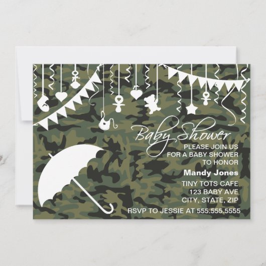 緑の迷彩柄傘モダンベビーシャワー招待状 招待状 (正面)
