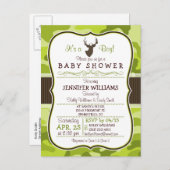 緑の迷彩柄（バック付き）；男の子の赤ちゃんシャワー招待状 インビテーションポストカード (正面/裏面)