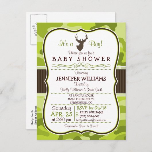 緑の迷彩柄（バック付き）；男の子の赤ちゃんシャワー招待状 インビテーションポストカード (正面/裏面)