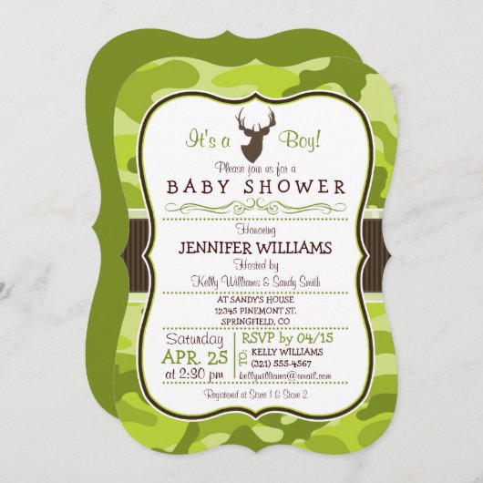 緑の迷彩柄（バック付き）；男の子の赤ちゃんシャワー招待状 招待状 (正面/裏面)